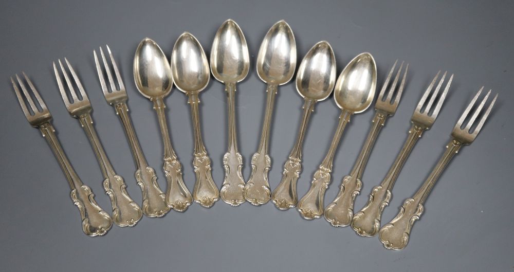 A set of six mid 19th century Russian 84 zolotnik sweetmeat forks and six similar Russian teaspoons, 9.5oz.